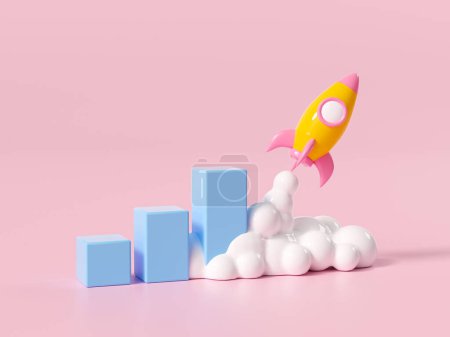 3D Rocket launch above bar chart, growing income, startup business, Business target achievement concept.3d render illustration