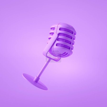 3D Klassisches Retro Vintage Mikrofon auf lila Hintergrund. Mikrofonsymbol. 3D-Darstellung