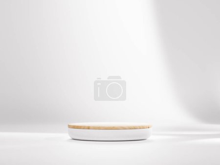 Téléchargez les photos : 3D chambre blanche abstraite avec podium cylindre en bois blanc réaliste et fenêtre ombre superposition. Scène minimale pour la présentation des produits. Scène pour vitrine. 3d rendu - en image libre de droit