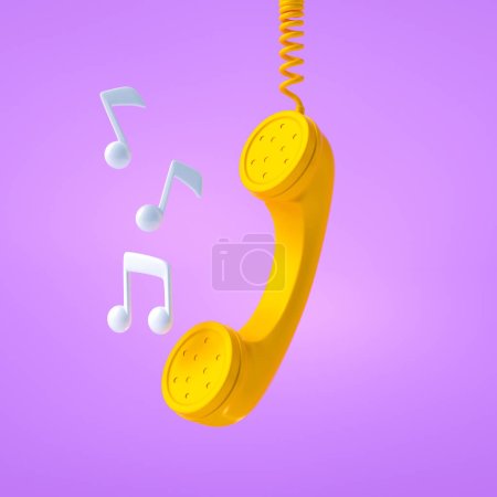 Téléchargez les photos : Récepteurs téléphoniques suspendus avec notes sonores sur fond violet, centre d'appels et concept de sonnerie. Illustration de rendu 3d - en image libre de droit