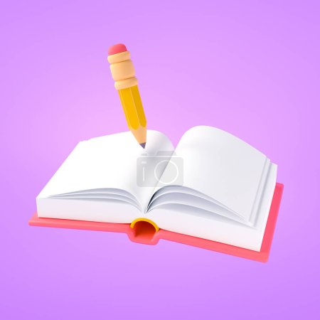 Icono de libro y lápiz, aprendizaje en línea, estudio escolar, asignatura de aprendizaje y e-learning, concepto de educación. ilustración de renderizado 3d