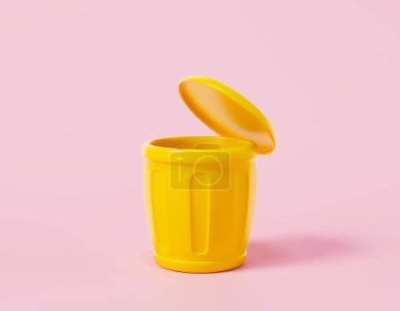 Téléchargez les photos : Poubelle jaune ouverte de style dessin animé sur fond rose, concept d'environnement, corbeille à papier avec espace de copie. Illustration de rendu 3D - en image libre de droit