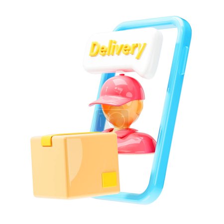 Téléchargez les photos : Livraison messager tenant Parcel Box avec smartphone sur fond blanc isolé. Illustration de rendu 3D - en image libre de droit
