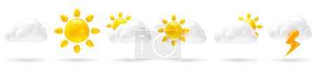 Téléchargez les photos : Ensemble d'icônes météo 3D. journée ensoleillée, la foudre et les icônes de fête nuageux sur fond blanc isolé. conception de signe de prévision pour l'application et le Web. Illustration de rendu 3D. - en image libre de droit