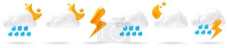 Téléchargez les photos : Ensemble d'icônes météo 3D. pluie, la foudre, l'orage et la fête des icônes nuageuses sur fond blanc isolé. conception de signe de prévision pour l'application et le Web. Illustration de rendu 3D. - en image libre de droit