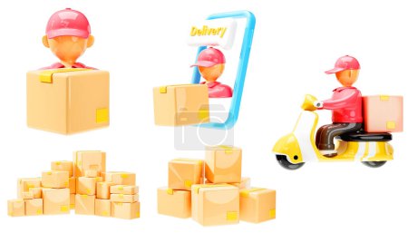 Photo for Set of 3d delivery services icon, delivery man and cardboard box on isolated white background. 3d render illustration - Royalty Free Image