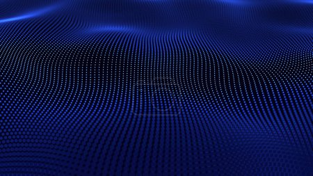 Resumen Oscilación de las ondas de punto de desenfoque suave. La onda cibernética digital brillante abstracta hecha de partículas y puntos se mueve sobre un fondo azul. Ondas digitales glowe azules con reflejos claros fondo azul oscuro. 