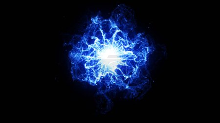 Ball lightning on a black background. Blue digital energy dark background. A glowing plasma clot of electricity.