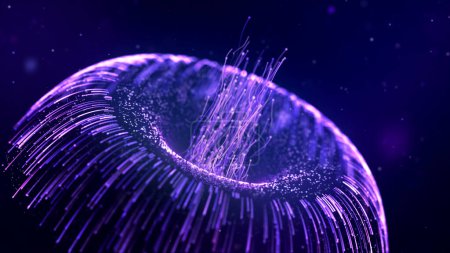 Unterwasserwelt der Technik, Neonquallen, animierte Partikel, Portal. Lebende Nanotechnologie schwebt. Die Zukunft steht unter Wasser. Ultraviolett, leuchtet im Weltraum. 8k Tapete 4k Bildschirmschoner.