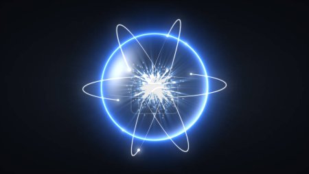 Foto de Animación de un modelo 3D de un átomo de neón azul sobre un fondo negro. Las moléculas de partículas luminosas giran alrededor de una bola de luz de una esfera. Física química abstracta fondo oscuro. Esfera de neón azul. 8k fondo de pantalla 4k protector de pantalla. - Imagen libre de derechos