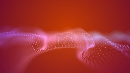 Fluctuaciones abstractas de ondas blancas sobre un fondo naranja brillante. Onda cibernética digital brillante abstracta que consiste en partículas y puntos que se mueven sobre un fondo rojo. Ondas digitales azules con reflejos de luz sobre un rico fondo degradado.