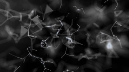 White abstract network connections, neural networks. Dots connected by lines move chaotically on a black background. Chemical formula, futuristic mesh. black and white cyber network. 8k wallpaper 4k screensaver.
