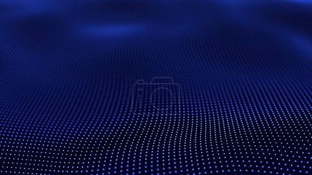 Oscilación abstracta de las ondas de punto de desenfoque. La onda cibernética digital brillante abstracta hecha de partículas y puntos se mueve sobre un fondo azul. Ondas digitales azules con reflejos claros fondo azul oscuro. 