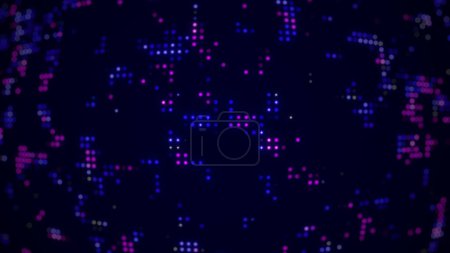 Abstract LED glowing pixel background in violet blue colors. Flickering dispatcher panel, digital, digital world map on a dark blue background. Neon light. 8k wallpaper 4k screensaver. 2k resolution.