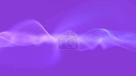 Rosa, oscilación de ondas abstractas. La onda cibernética digital brillante abstracta hecha de partículas y puntos se mueve sobre un fondo lila. Ondas digitales azules con reflejos de luz sobre fondo púrpura oscuro.