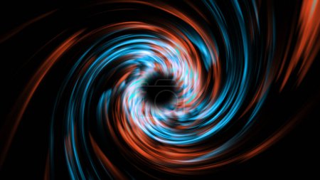 A dark background on which spiral rotations of colored particles form a tunnel. Red and blue particles spin to form a portal.	