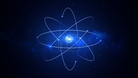 Foto de Animación de un modelo 3D de un átomo de neón azul en el cielo estrellado. Las moléculas de partículas luminosas giran alrededor del haz de una elipse de luz. Física química abstracta fondo oscuro. Esfera de neón azul. 8k fondo de pantalla 4k protector de pantalla. - Imagen libre de derechos
