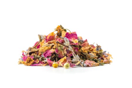 Photo for Tea pile of lavender, chamomile, rose petals, mint on white background. Close up. - Royalty Free Image