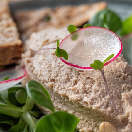 Foto de Paté de foie gras y pan tostado, Canard Foie gras Paté hecho del hígado de un pato o ganso con rebanada de pan tostado. Comida sana, primer plano. Sirviendo comida en un restaurante. - Imagen libre de derechos