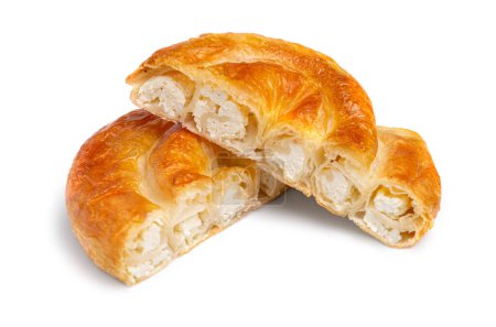 catalog bakery borek, burek vertuta Spiral-shaped Greek Cheese pie filling meat or cottage cheese on white background isolate. With clipping path for design menu