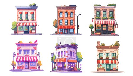 Vector city street building house cartoon icon set. City buildings shop, apartment and store window exterior clipart. Vector illustration EPS10