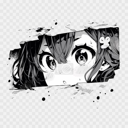 Ilustración de Ojos de manga mirando desde una lágrima de papel. Color blanco y negro. Anime girl se asoma aislado sobre fondo transparente. Ilustración vectorial EPS10 - Imagen libre de derechos