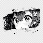 Manga eyes looking from a paper tear. Black and white color. Anime girl peeps out isolated on transparent background. Vector illustration EPS10