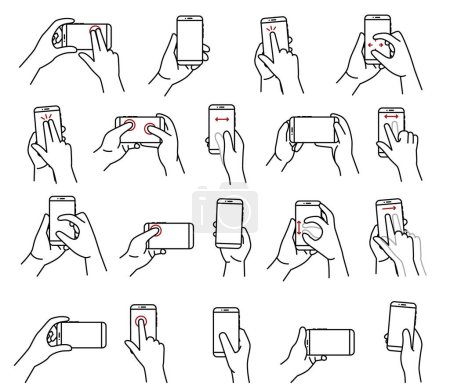 Illustration for Simple illustration of a hand operating a smartphone. Actions to operate a phone icons. Vector illustration EPS10 - Royalty Free Image