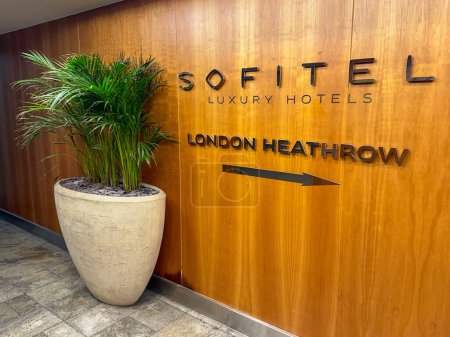 Photo for London, England, UK - January 2023: Sign at the entrance to the Sofitel luxury hotel, which is connected by a walkway to Terminal 5 at Heathrow airport - Royalty Free Image