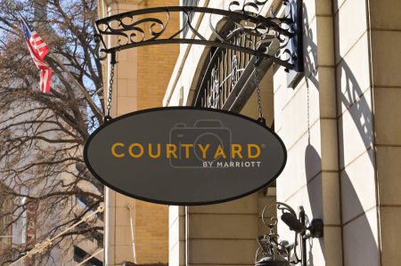 Photo for San Antonio, Texas, USA - February 2023: Sign outside the Courtyard by Marriott hotel in the city centre - Royalty Free Image