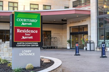 Photo for Austin, Texas, USA - February 2023: Sign outside of the Courtyard Marriott and Residence Inn hotels in the city centre - Royalty Free Image