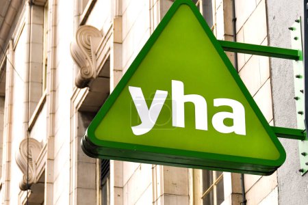 Photo for London, England, UK - 28 June 2023:  Sign above the entrance of a hostel operated by the YHA Youth Hostel Association in central London. - Royalty Free Image