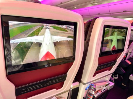 Photo for London, England, UK - 11 January 2024: View of an aircraft tail camera on the seatback screens of passengers on a Virgin Atlantic Airways jet taxiing for take off. - Royalty Free Image