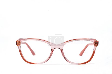 Photo for Pair of pretty pink frame glasses isolated on a plain white background. Copy space. - Royalty Free Image