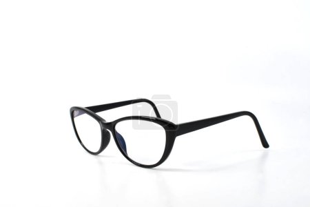 Pair of glasses with a black frame isolated on a plain white background. Copy space.