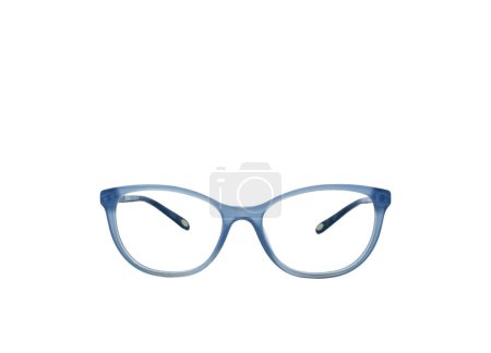 Pair of glasses with a bue frame isolated on a plain white background. rear view, Copy space.