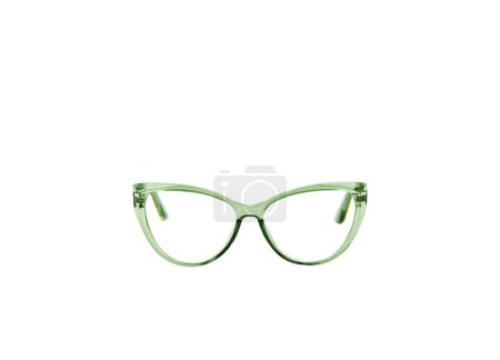 Pair of glasses with a transparent green frame isolated on a plain white background. Front view. Copy space.