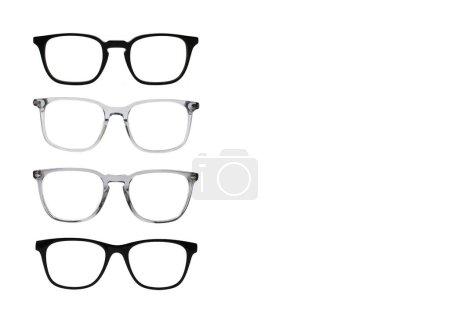 Photo for Front view of pairs of glasses with grey and black frames isolated on a plain white background. Copy space to right. - Royalty Free Image