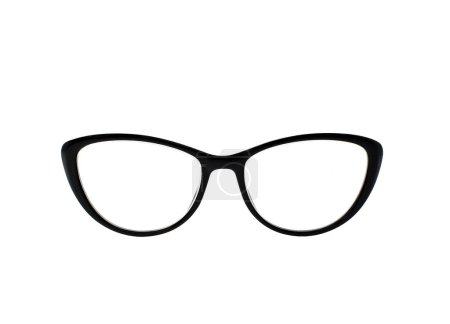 Pair of glasses with a black frame isolated on a plain white background. Front view. Copy space.