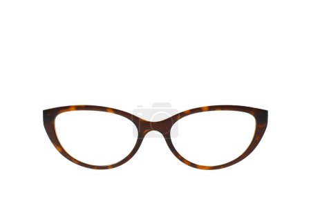 Front view of.a pair of cat eye shape glasses with a tortoiseshell colour frame on a plain white background. Copy space.