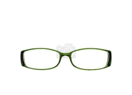 Photo for Close up view of the front of a pair of glasses with a green frame isolated on a plain white background. Copy space. - Royalty Free Image