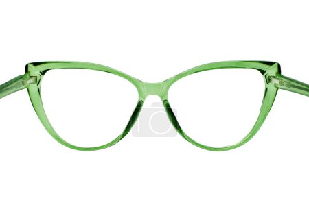Photo for Rear view of a pair of cat eye shaped glasses with a transparent green frame isolated on a plain white background. Copy space. - Royalty Free Image