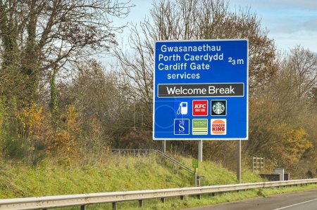 Photo for Cardiff, Wales, UK - 29 November 2023: Sign for the services on the M4 motorway near Cardiff in south Wasles - Royalty Free Image