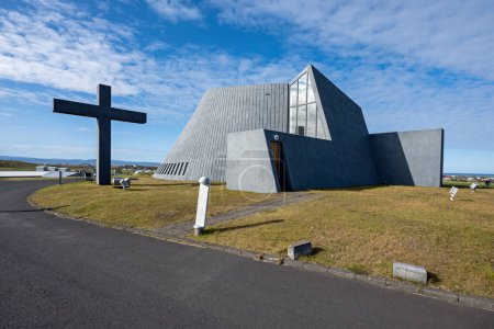 Photo for Blonduos, Iceland - September 11, 2023 - Volcano-shaped Bloduoskirkja church on sunny autumn morning. - Royalty Free Image