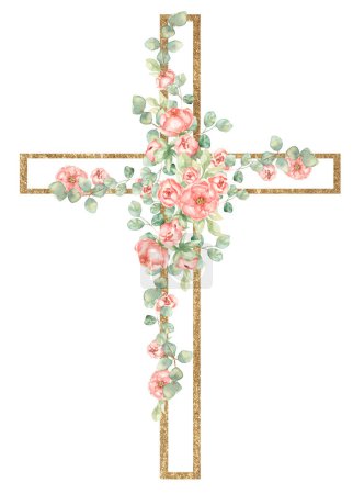 Acuarela pintada a mano Pink Florals Cross Clipart, Ilustración de flores religiosas de Pascua, Bautismo Cross clip art, Espíritu Santo clipart, marco dorado