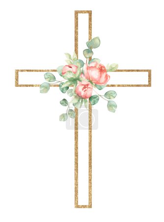 Watercolor hand painted pink florals Cross Clipart, Easter Religious flowers illustration, Baptism Cross clip art, Holy Spirit clipart, golden frame