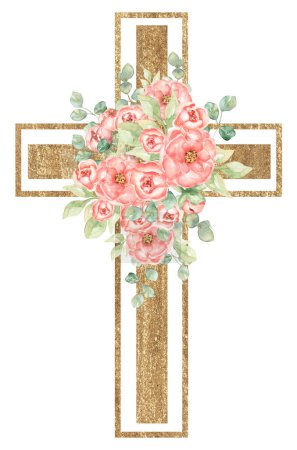 Aquarell handbemalt rosa Blumen Kreuz Cliparts, Ostern religiöse Blumen Illustration, Taufkreuz Cliparts, Heiliger Geist Cliparts, goldener Rahmen