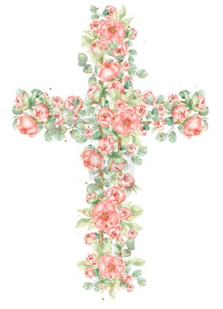 Acuarela pintada a mano Pink Florals Cross Clipart, Ilustración de flores religiosas de Pascua, Bautismo Cross clip art, Espíritu Santo clipart, marco dorado