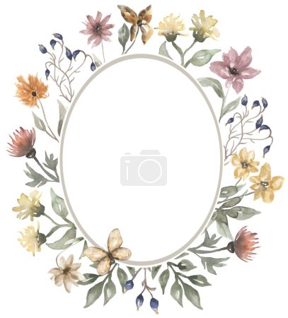 Foto de Flores silvestres corona ilustración, Acuarela Pradera flores ramo clipart, Hierbas secas marco clip arte - Imagen libre de derechos