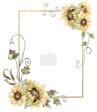 Foto de Acuarela girasoles marco clipart. Otoño florales borde ilustración, corona de flores de campo - Imagen libre de derechos
